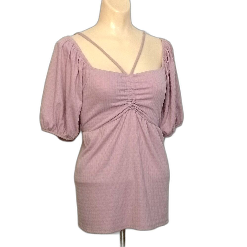 Maurices Lilac Cinched Front Babydoll Blouse Puff Sleeves Ribbed M Loose Swing